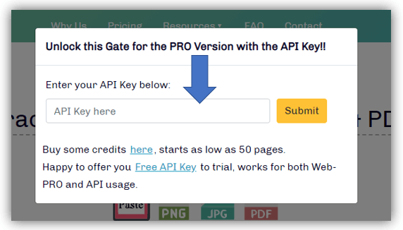 Enter API Key for extracttable